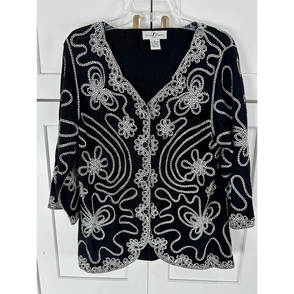 Once Again Womens XL Black‎ White Soutache Embroidered Button Front Cardigan Top